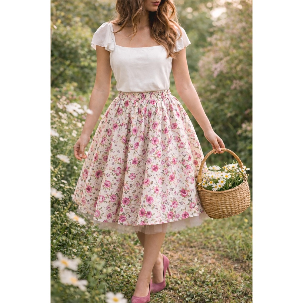 Ashley O'Rourke Floral Rose Midi Skirt Belted Tulle Petticoat Pink Ivory 17W - Picture 1 of 8